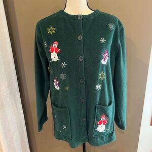 Bobbi Brooks Forest Green Snowman Christmas Fleece Cardigan, Size Large